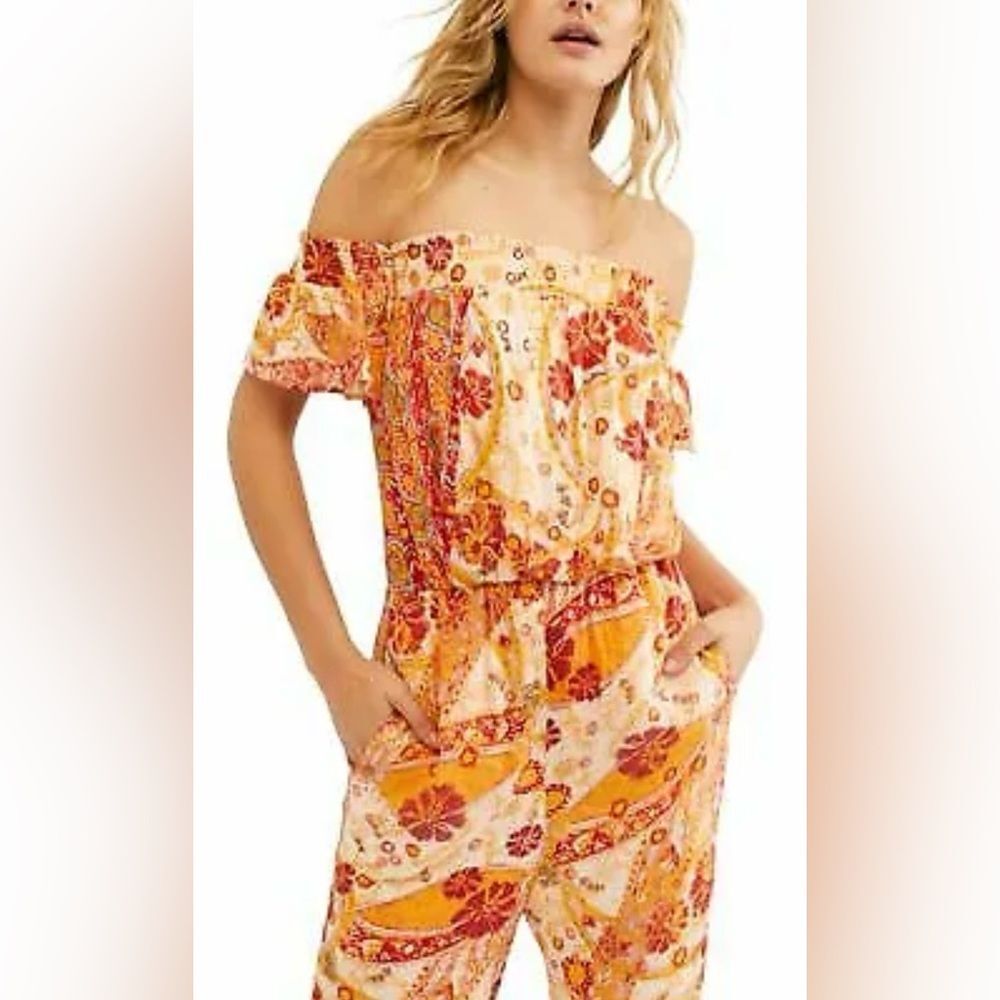 Free People Orange and Cream Off-Shoulder Jumpsuit